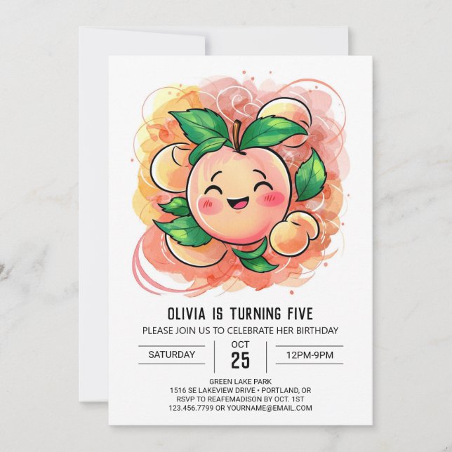 Whimsical Children's Peach Birthday Einladung (Vorderseite)