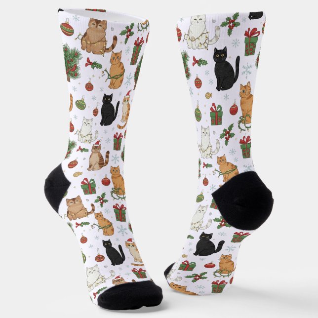 Whimsical Christmas Cat Pattern Socks  Socken (Gewinkelt)