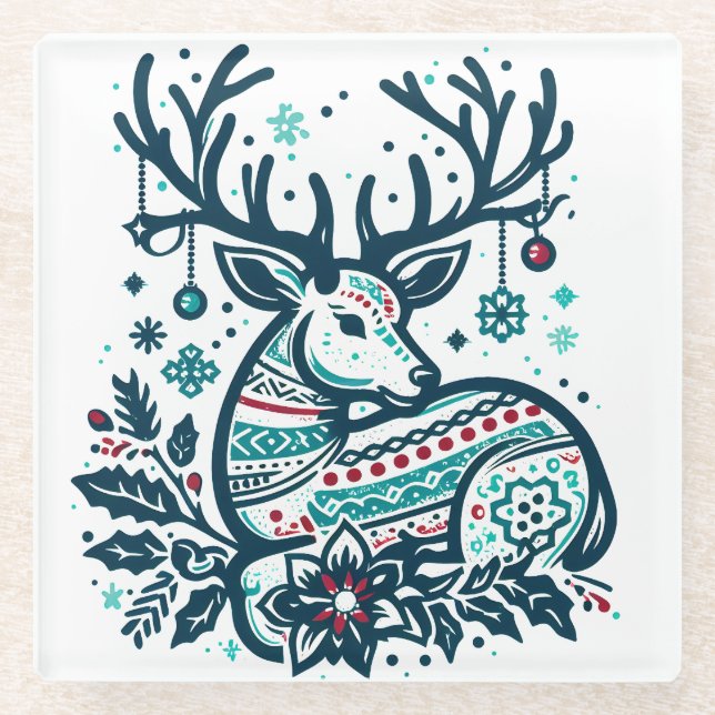 Whimsical Christmas Deer Vector Clipart - Festive Glasuntersetzer (Vorderseite)