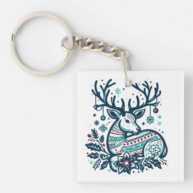 Whimsical Christmas Deer Vector Clipart - Festive Schlüsselanhänger (Vorderseite)