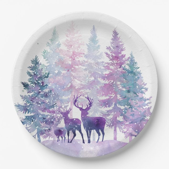 Whimsical Christmas Forest Deers Paper Plates Pappteller (Vorderseite)
