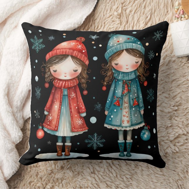 Whimsical Christmas Girls in the Snow Throw Pillow Kissen (Decke)