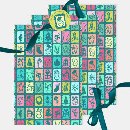 Whimsical Christmas Grid Cute Bright Holiday Geschenkpapier Set