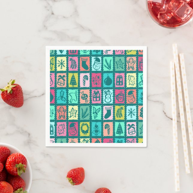 Whimsical Christmas Grid Cute Bright Holiday Paper Serviette (Beispiel)