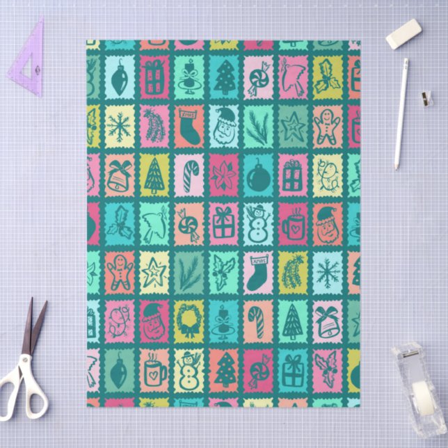 Whimsical Christmas Grid Cute Bright Holiday Seidenpapier (Basteln)