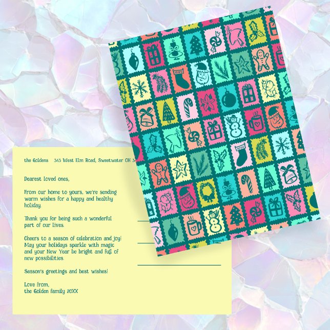 Whimsical Christmas Grid Cute Custom  Feiertagspostkarte (Whimsical Christmas Grid Cute Custom Colorful Non-Photo Holiday Postcard
)