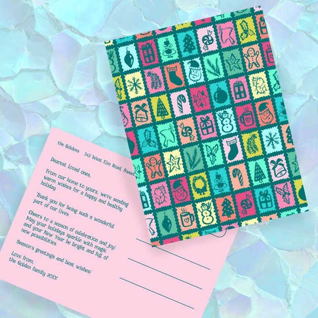 Whimsical Christmas Grid Cute Custom  Feiertagspostkarte (Whimsical Christmas Grid Cute Custom Non-Photo Colorful Holiday Postcard
)