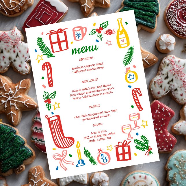 Whimsical Christmas Holiday Party Cute Custom  Menükarte (Whimsical Christmas Holiday Party Cute Doodles Custom Menu
)