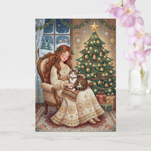 Whimsical Christmas-Katze Winter-Mädchen Kunstkart Karte