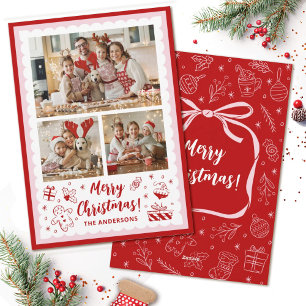 Whimsical Christmas Rosa Schleife 3 Familienfoto Feiertagskarte
