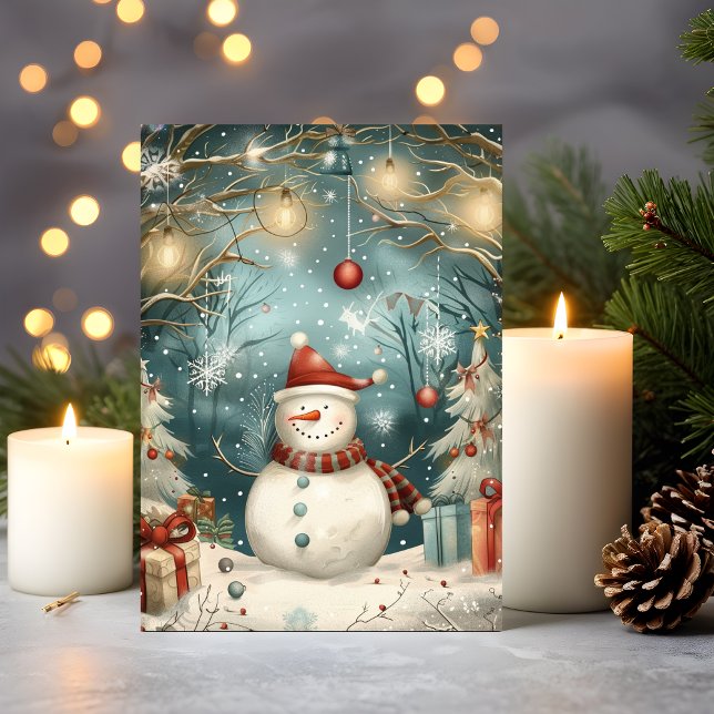 Whimsical Christmas Snowman in Winter Forest Karte (A snowman celebration wrapped in cozy winter magic and vintage joy)
