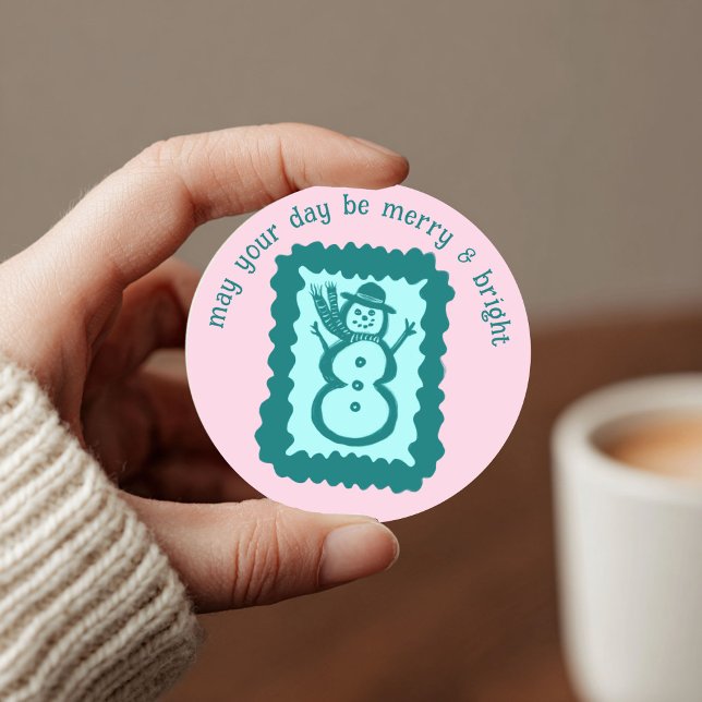Whimsical Christmas Stamp Cute Custom Merry Bright Runder Aufkleber (Whimsical Christmas Stamp Cute Custom Merry Bright Snowman Classic Round Sticker
)