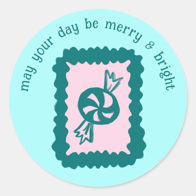 Whimsical Christmas Stamp Cute Custom Merry Bright Runder Aufkleber (Vorderseite)