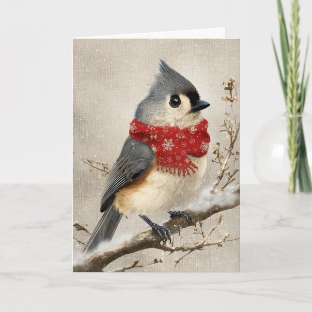 Whimsical Christmas Titmouse Feiertagskarte (Vorderseite)