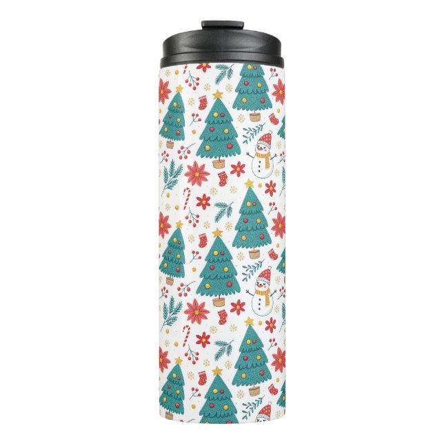 Whimsical Christmas Tree and Snowman Holiday Thermosbecher (Vorderseite)