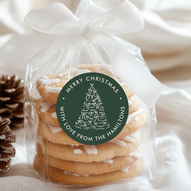 Whimsical Christmas Tree Bows Pine Green Christmas Runder Aufkleber (Von Creator hochgeladen)