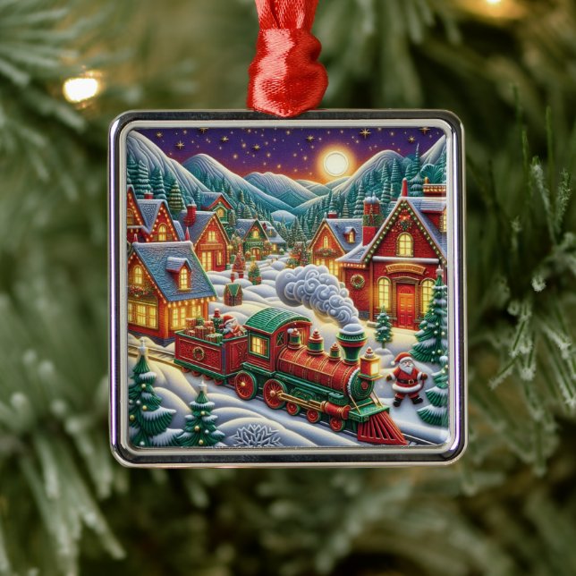 Whimsical Christmas Village Santa & Train Ornament Aus Metall (Baum)