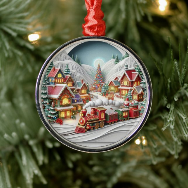 Whimsical Christmas Village with Train Ornament Aus Metall (Baum)