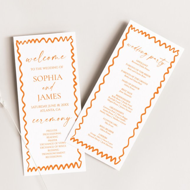 Whimsical Citrus Orange Wavy Border Wedding Programm (Von Creator hochgeladen)
