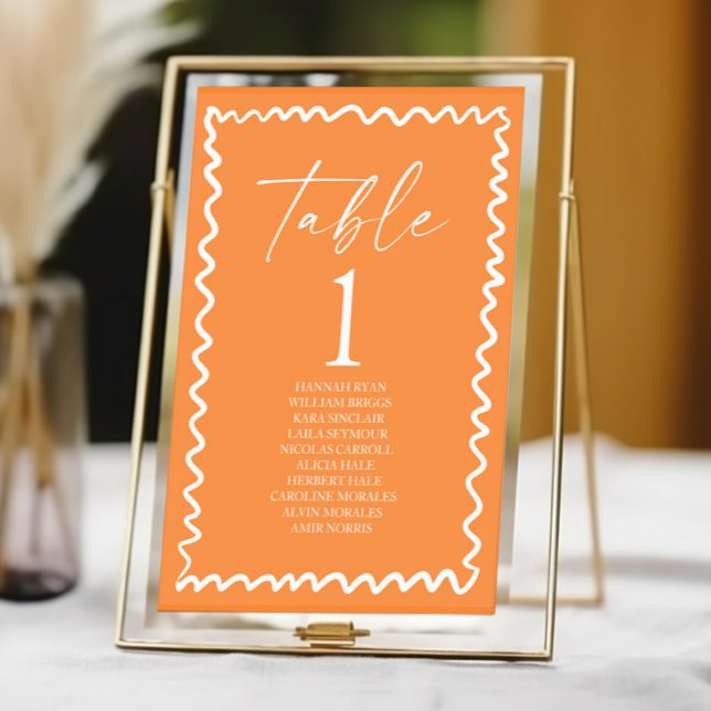 Whimsical Citrus Orange Wavy Border Wedding Tischnummer (Von Creator hochgeladen)