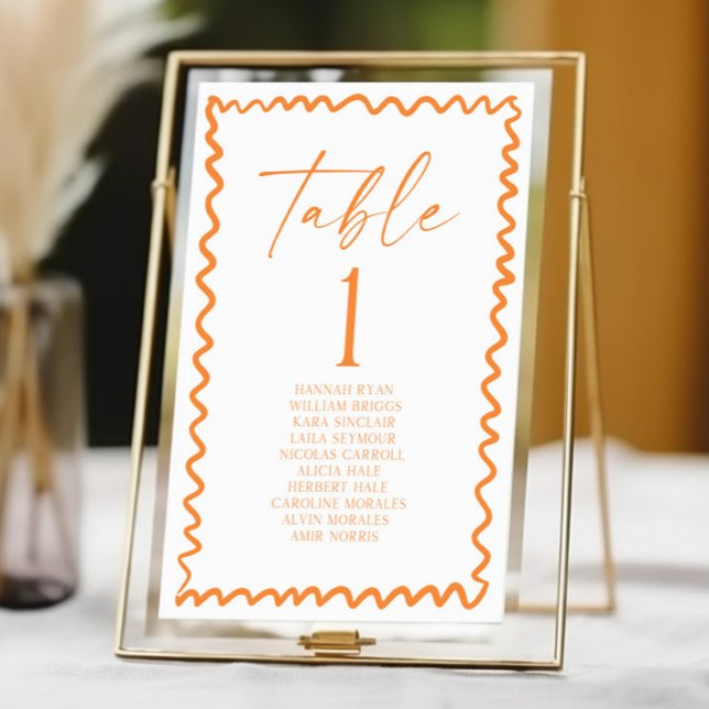 Whimsical Citrus Orange Wavy Border Wedding Tischnummer (Von Creator hochgeladen)