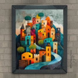 Whimsical City Modern Folk Art Ölgemälde Poster