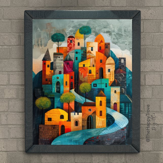 Whimsical City Modern Folk Art Ölgemälde Poster (Von Creator hochgeladen)