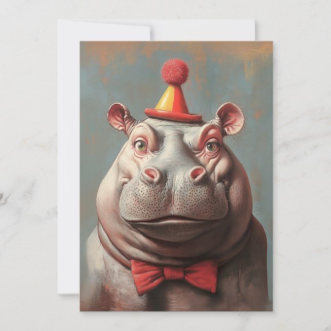 Whimsical Clown Hippo Portrait Einladung (Vorderseite)
