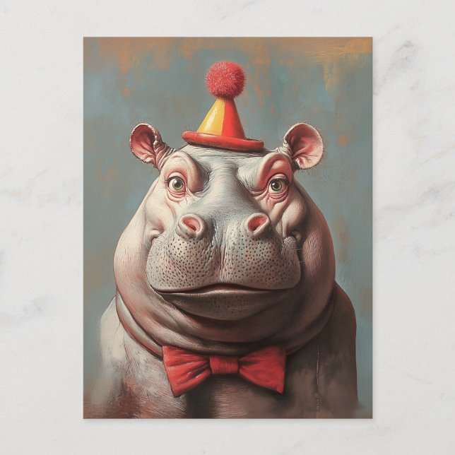Whimsical Clown Hippo Portrait Postkarte (Vorderseite)