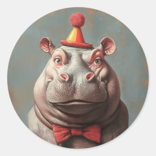 Whimsical Clown Hippo Portrait Runder Aufkleber