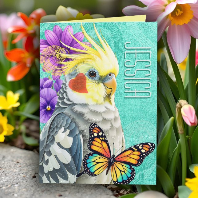 Whimsical Cockatiel Vibranel Spring Blume Collage Karte (Colorful cockatiel art with butterfly and flowers - personalized all occasion card for bird lovers!)