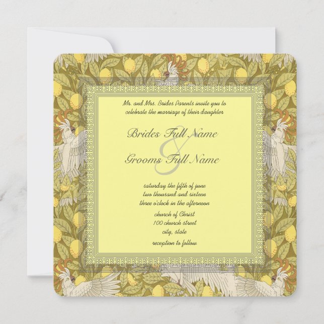 Whimsical Cockatoo Art Nouveau Hochzeit Einladunge Einladung (Vorderseite)