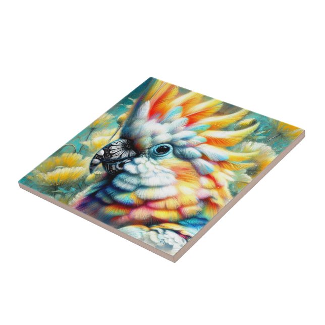 Whimsical Cockatoo Bird Gelbe Papi floral Fliese (Seite)