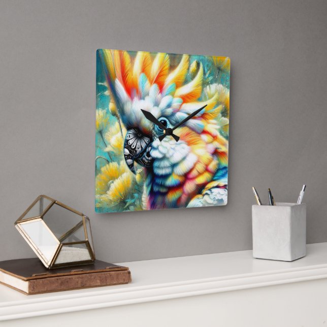 Whimsical Cockatoo Bird Gelbe Papi floral Quadratische Wanduhr (Büro)