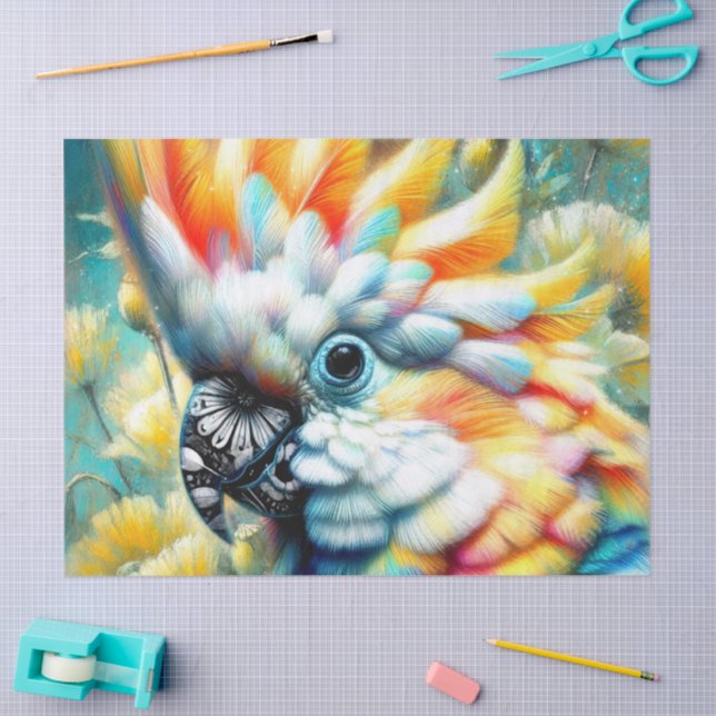 Whimsical Cockatoo Bird Yellow Poppies Decoupage Seidenpapier (Basteln)