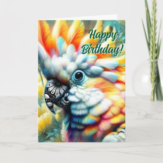 Whimsical Cockatoo Bird Yellow Poppies Geburtstag Karte (Vorderseite)