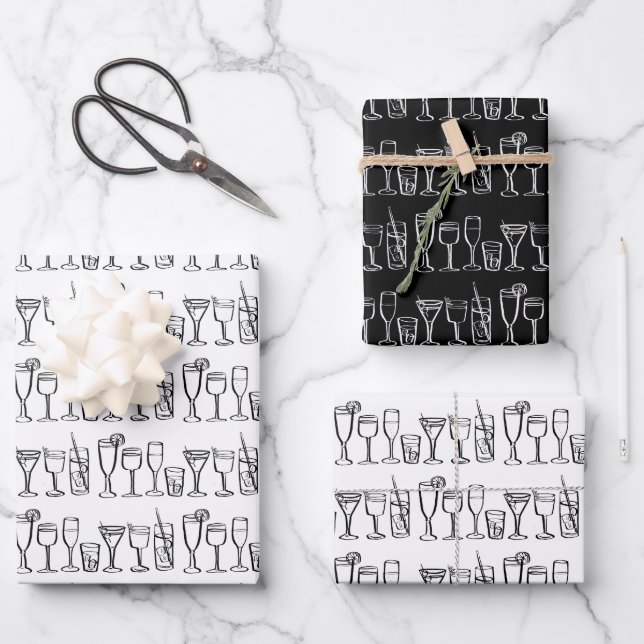 Whimsical Cocktail Drinks Party B&W Geschenk Geschenkpapier Set (Vorderseite)