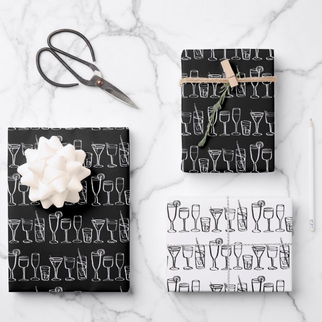 Whimsical Cocktail Drinks Party B&W Geschenk Geschenkpapier Set (Vorderseite)