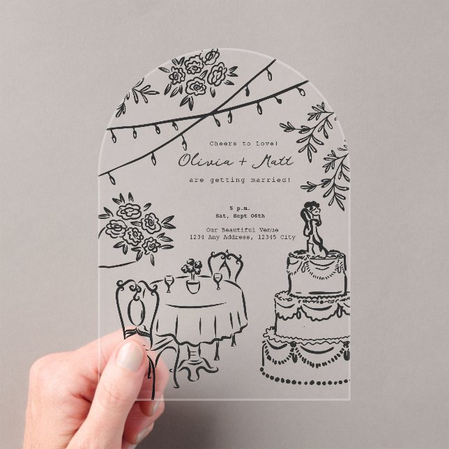 Whimsical Cocktail Hand Drawn Wedding Invitation Acryleinladungen (Insitu (Handheld))