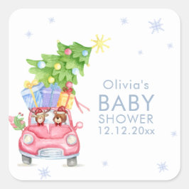 Whimsical Cold Outside Reindeer Bear Baby Shower Quadratischer Aufkleber