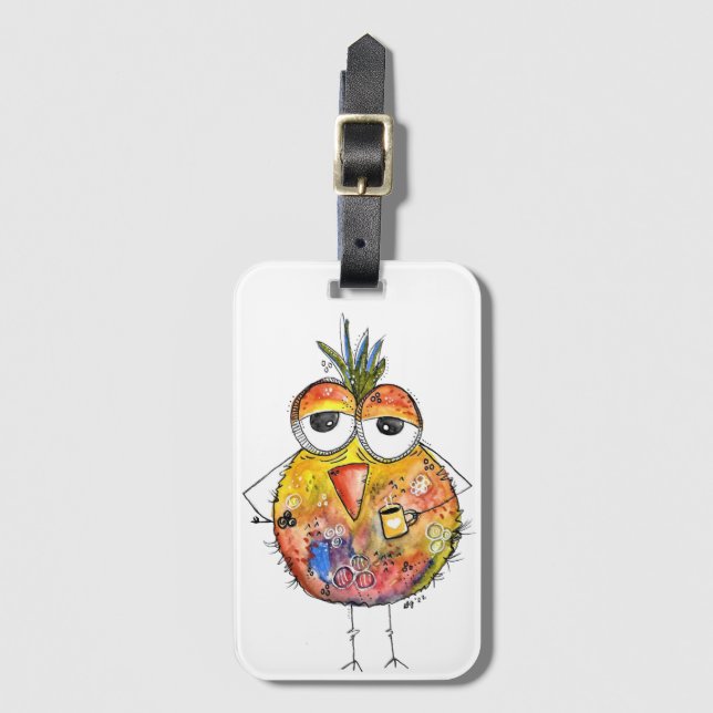 Whimsical Colorful Bird Drink Kaffee Gepäckanhänger (Vorderseite Vertikal)