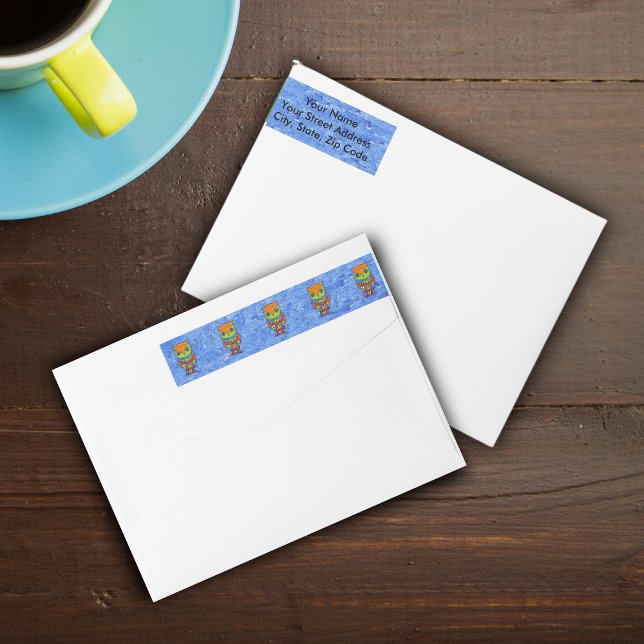 Whimsical Colorful Fantasy Owl (Rows of abstract fantasy owls in orange, green and red on blue wrap around return address labels.)