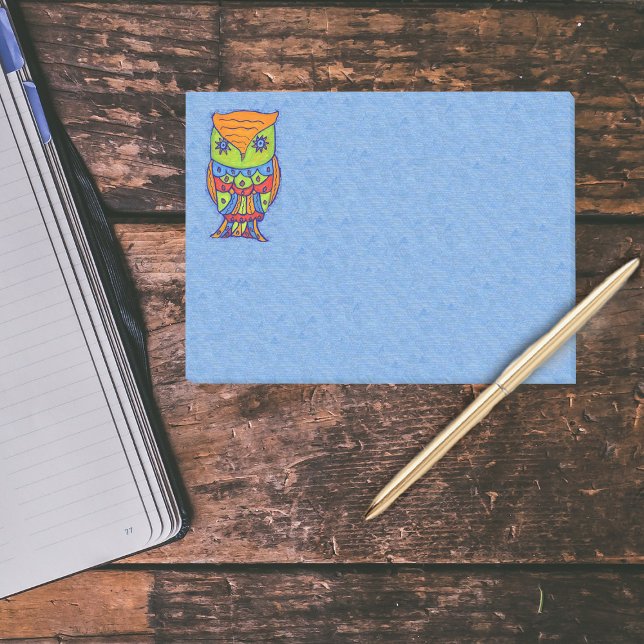 Whimsical Colorful Fantasy Owl Post-it Klebezettel (Fantasy abstract owl in bright colours on light blue post it notes.)