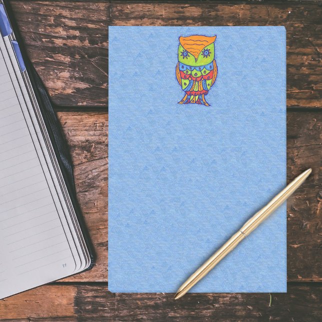Whimsical Colorful Fantasy Owl Post-it Klebezettel (Abstract fantasy owl in bright colours star eyes on light blue large post it notes.)