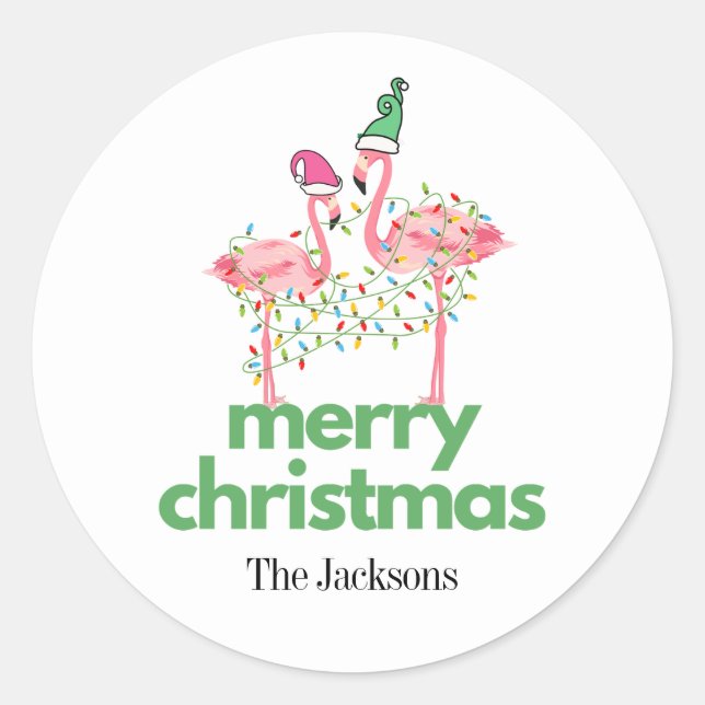 Whimsical Colorful Flamingo Weihnachtskleber Runder Aufkleber (Vorderseite)