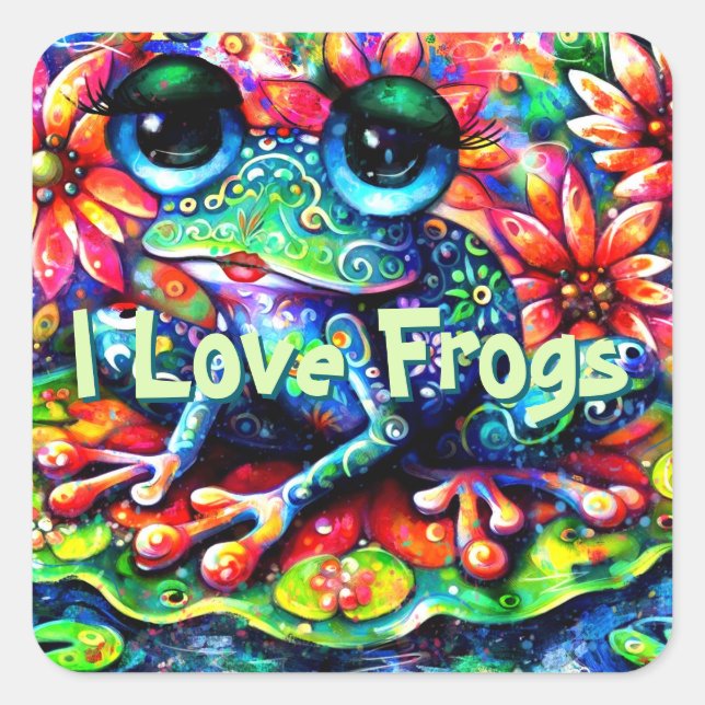 Whimsical Colorful Floral I Liebe Frösche Quadratischer Aufkleber (Vorderseite)