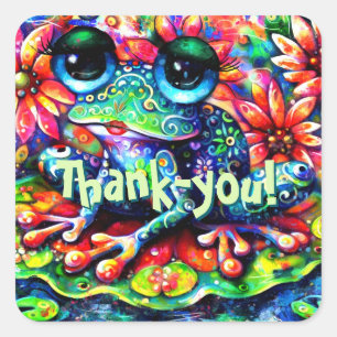 Whimsical Colorful Floral I Liebe Frösche Quadratischer Aufkleber