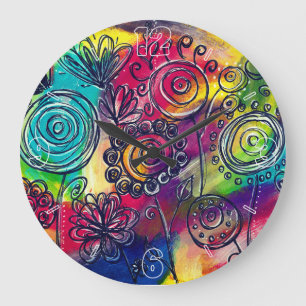 Whimsical Colorful Flower Garden Original Artwork Große Wanduhr