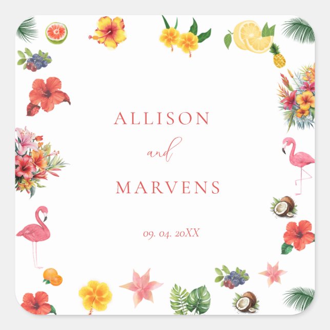 Whimsical Colorful Fun Tropical Flamingle Hochzeit Quadratischer Aufkleber (Vorderseite)