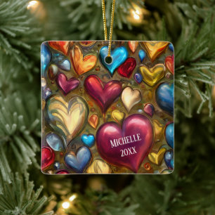 Whimsical Colorful Jewel Toned Hearts Weihnachten Keramikornament